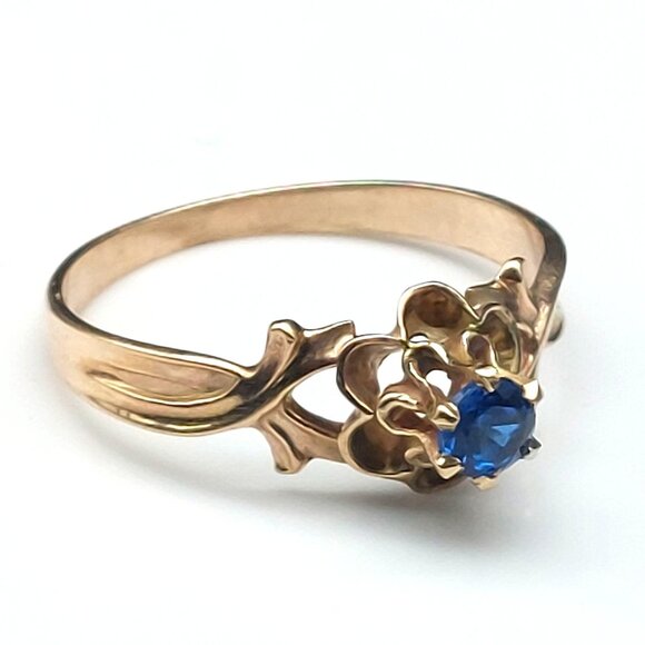 Antique 10K Gold Victorian Blue Spinel Ring Art Nouveau Floral 6-Prong Solitaire - Picture 7 of 12